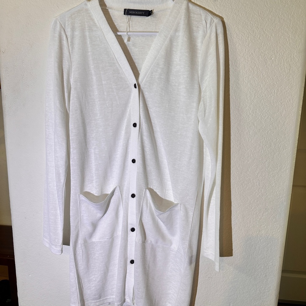 White Long Cardigan with Black Buttons